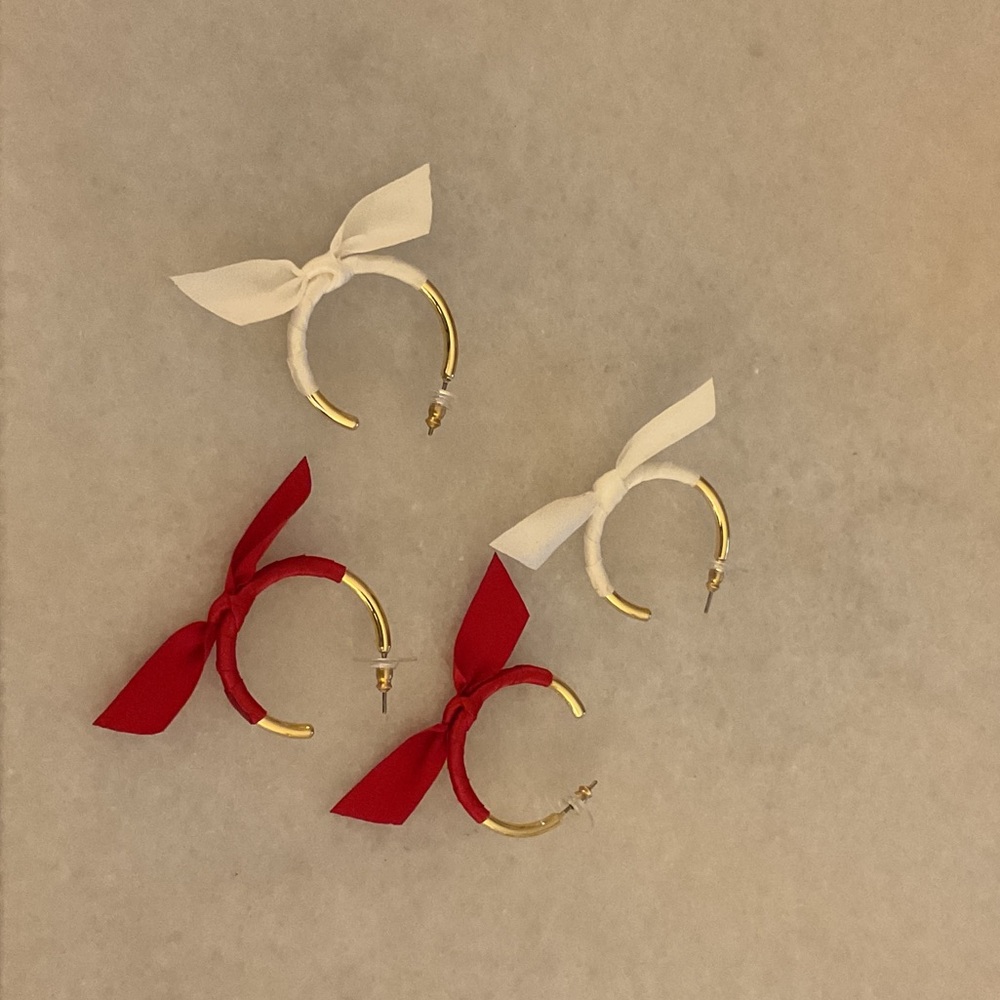 J. Crew Factory Gold Hoop Earrings with Red and White Ribbon Bows